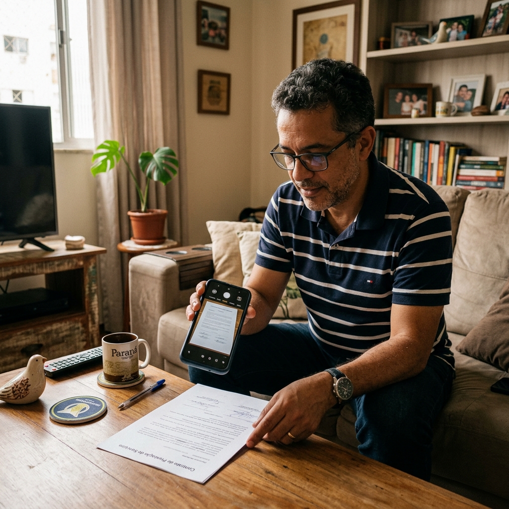 Homem de meia-idade fotografando um documento com o celular sobre a mesa